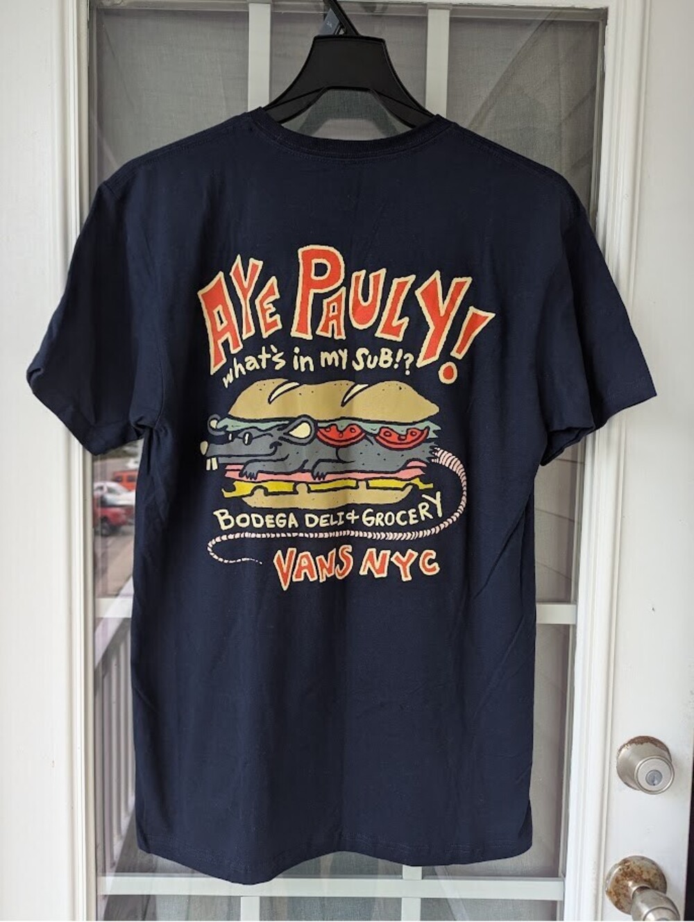 Vans NYC Graphic T-Shirt M Navy Blue Aye Pauly Deli Grocery Rat Sandwhich Skater - Picture 6 of 8